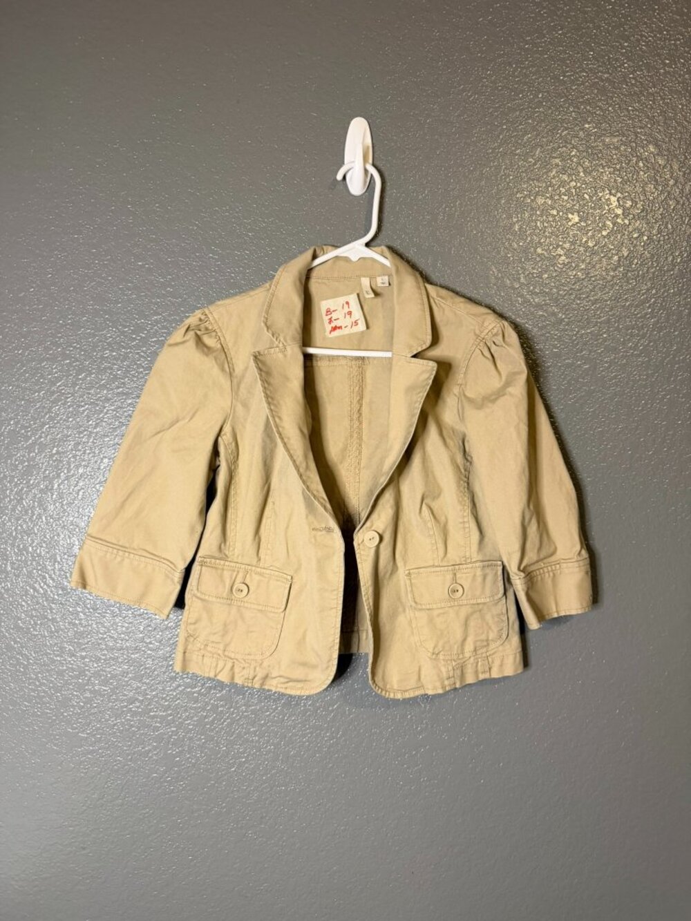Frenchi Womens L Beige Khaki Cropped Blazer Puff Sleeve One Button Jacket